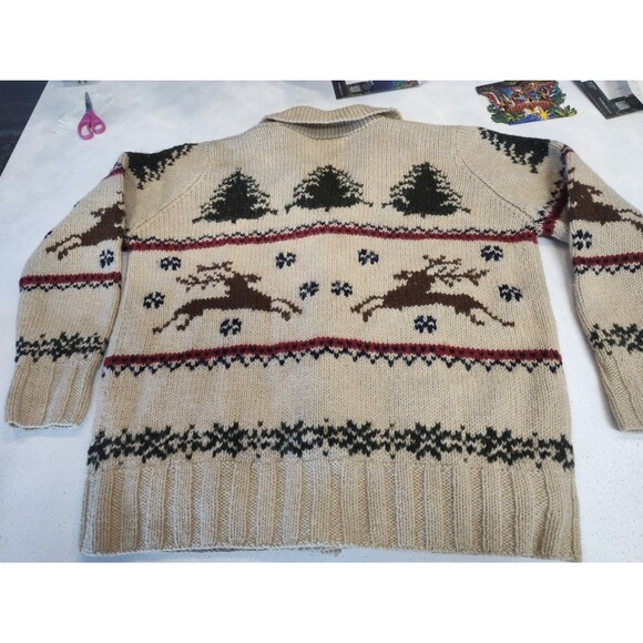 LL Bean Christmas Tree Reindeer Wool Cardigan Sweater Knot buttons Medium - Picture 5 of 6